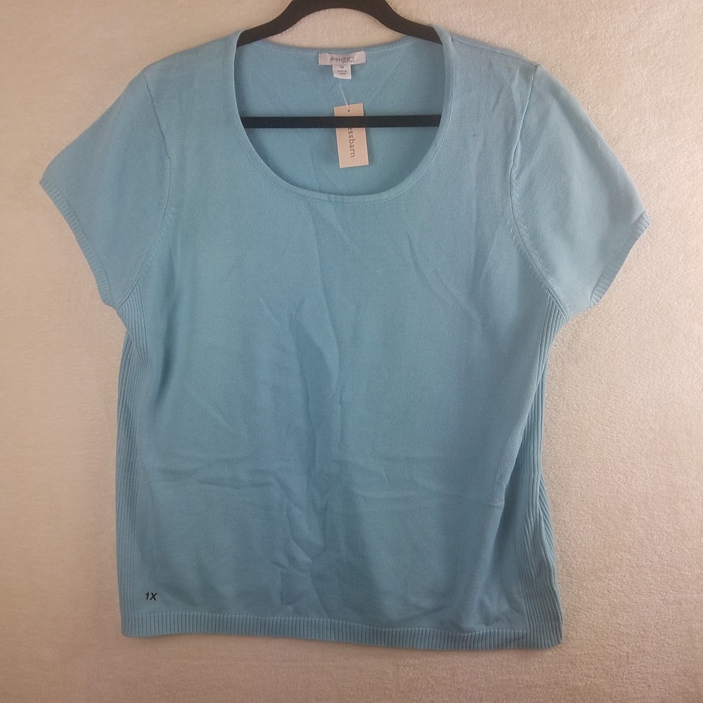 Dressbarn Woman Light Teal Scoop Neck Short Sleeve Knit Sweater Top Plus 1X NWT